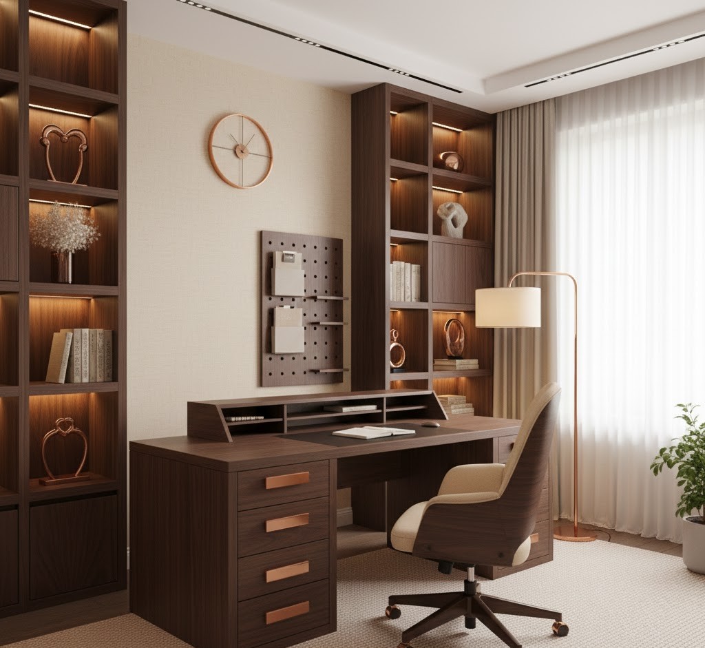 Functionele thuiswerkplek met houten meubels